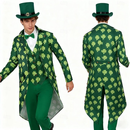  St. Patrick 2026 Leprechaun Clover Irish Carnival Fancy Costume Tailcoat Top Hat Medieval Adults' Men's Carnival Saint Patrick's Day Party Easy Carnival Costume Dress Up