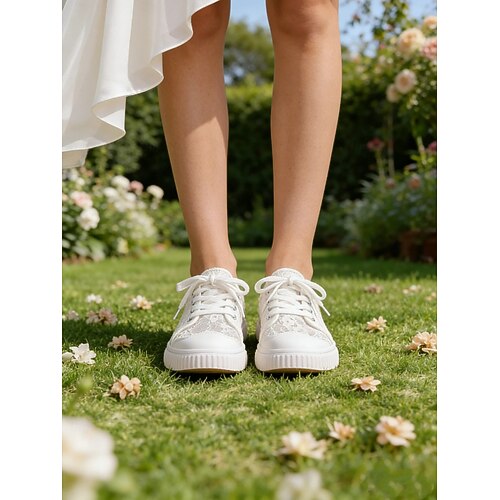 Baskets Femme Blanches En Dentelle Et Maille - Semelle Plate Confortable - Chaussures Sport Chic Pour L'Été