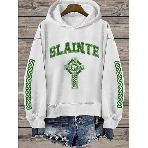  St. Patrick Women's Pullover Hoodie Sweatshirt Graphic Shamrock Letter Casual Long Sleeve Hooded Regular Tops Casual Dailywear Sports Black White Green Spring Fall