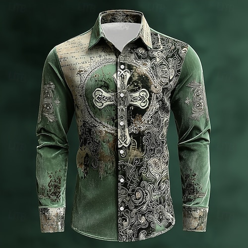  St. Patrick's Day Men's Celtic Cross Intricate Floral Shirt Button Up Shirt Long Sleeve Vintage Retro Holiday Spring Fall Turndown 3D Print Linen Like Shirt Light Green Green