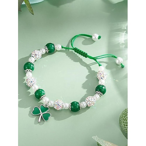  Women's Alloy and Acrylic Shamrock Bracelet and Earrings Set, Green and White Beads, Perfect for St. Patrick's Day and Everyday Wear