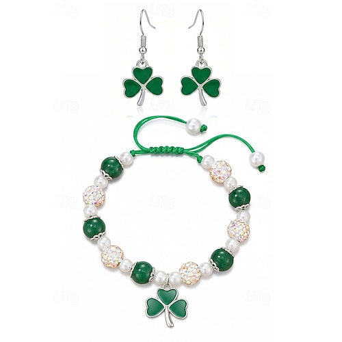  Women's Alloy and Acrylic Shamrock Bracelet and Earrings Set, Green and White Beads, Perfect for St. Patrick's Day and Everyday Wear