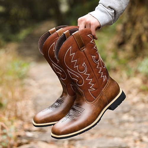Men\'s Brown Faux Leather Slip on Square Toe with Classic Embroidered Cowboy Boot Amazon.com | Lumeheel Cowboy Boots for Men - Western Men main image 4