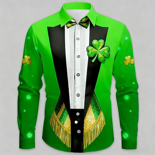  St. Patrick's Day Men's Four Leaf Clover Faux Collar and Suit Design Shirt Button Up Shirt Long Sleeve Fashion Casual Party Holiday Spring Fall Turndown 3D Print Collared Shirts Purple Orange Green