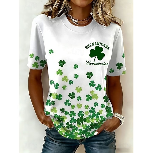  St. Patrick's Day Women's T Shirt Floral Graphic Letter Stylish Classic Casual Short Sleeve Crew Neck Regular Tops Daily Print Black White Green Summer Spring