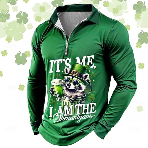  Kluci v polo tričku na Den svatého Patrika s textem Oktoberfest pivo zip polo trička dlouhý rukáv polo trička klopové ležérní venkovní festivalový outfit 3D tisk jaro podzim černá světle zelená zelená