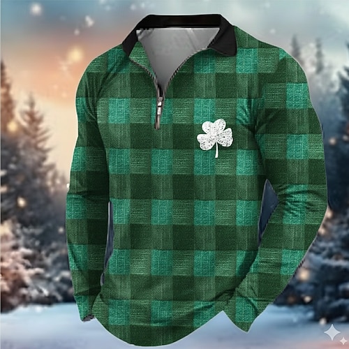  St. Patrick Men's Shamrock Polo Long Sleeve Turndown Modern Leisure Athleisure Casual Daily Festival Zipper 3D Print Spring Fall Black White Green