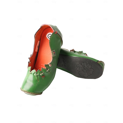  Women's Medieval Viking Style Low Heel Leather Shoes – Retro Green Hand-Stitched Details for Costume, Renaissance Fair, Festivals & Daily Vintage Outfits