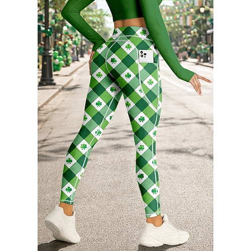  St. Patrick Women's pilates leggings fitness pants Gym Leggings Pockets Stamp Duty Side Pockets Pilates Gym Gym Workout Pants Tights Leggings Plaid Clover Green Sports Activewear High Elasticity