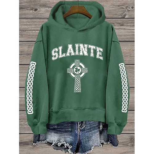  St. Patrick Women's Pullover Hoodie Sweatshirt Graphic Shamrock Letter Casual Long Sleeve Hooded Regular Tops Casual Dailywear Sports Black White Green Spring Fall