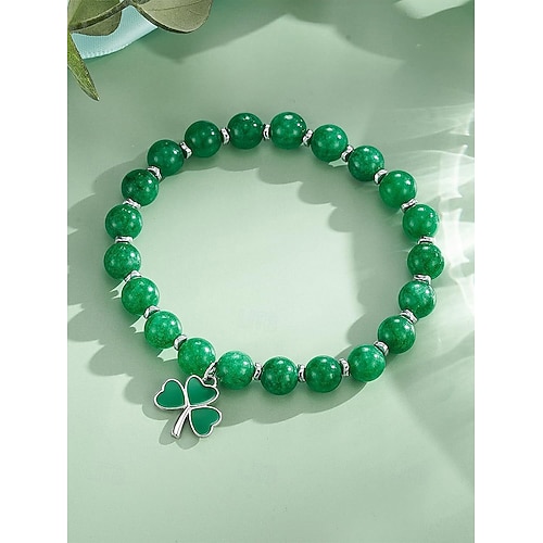  Women's Alloy and Acrylic Shamrock Bracelet and Earrings Set, Green and White Beads, Perfect for St. Patrick's Day and Everyday Wear