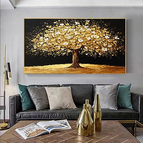 2026年 金色の抽象的な木の絵、金色の花のキャンバスのテクスチャ絵画