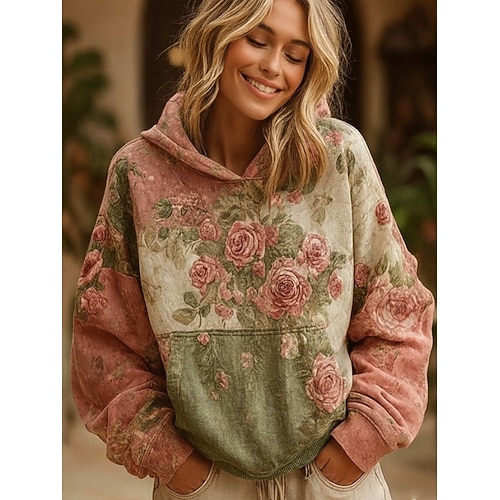  בגדי ריקוד נשים סווטשירט קפוצ'ון סוודר טלאים דפוס כיס קדמי פרחוני גראפי יום יומי בוהו שרוול ארוך עם קפוצ'ון חולצות רגילות רחוב לבוש ליום צהוב ורוד מסמיק סגול תלתן אביב סתיו חורף