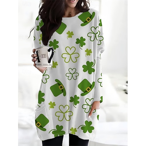  St. Patrick's Day Women's T Shirt Graphic Shamrock Stylish Long Sleeve Crew Neck Long Tops Daily Going out Weekend Pocket Print White Green Spring Fall