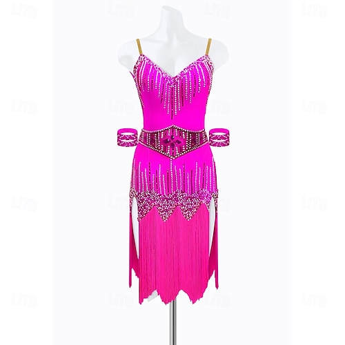 Women's Hot Pink Rhinestone Fringe Latin Dance Dress Set - Sequin Bodice,  Bejeweled Belt & Cuffs, Asymmetrical Ballroom Costume 2026 - $255.89