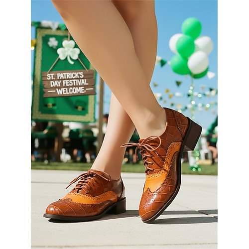 Women's Green Oxford Dress Shoes with Brogue Detail  Comfortable Low-Heel  Lace-Up Flats for St. Patrick's Day Parade, Irish Festival Outfits, Holiday  Party Looks 2026 - $69.99