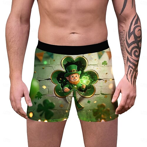  St. Patrick 2026 Leprechaun Shamrock Irish Carnival Boxer Briefs Underwear Cosplay Adults' Men's Saint Patrick's Day Casual Party Easy Carnival Costume Dress Up