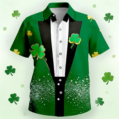  Men's Shamrock Faux Collar and Suit Design Shirt Button Up Shirt Short Sleeve Fashion Casual Party Holiday Summer Spring Turndown 3D Print Collared Shirts Green