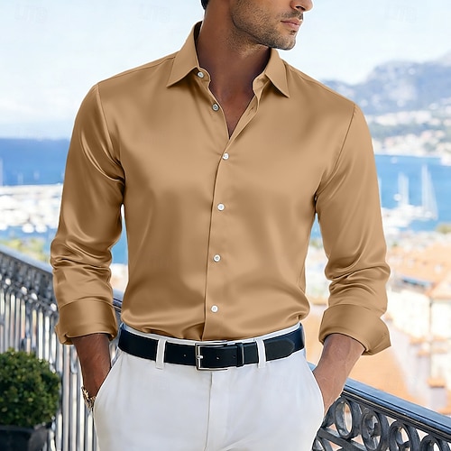Satin Shirt For Gold Button Up Shirt Mens Men's Shirt Satin Shirt Dress  Shirt Casual Shirt Button Up Shirt