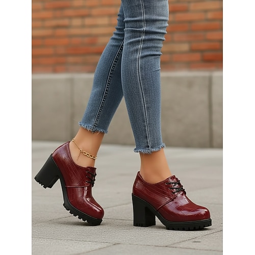 Women's Burgundy Patent Faux Leather Chunky Heel Lace-Up Shoes Trendy Croc-Effect Loafers for Office and Everyday Wear 2026 - $34.99 Women's Burgundy Patent Faux Leather Chunky Heel Lace-Up Shoes Trendy Croc-Effect Loafers for Office and Everyday Wear 2026 - $34.99