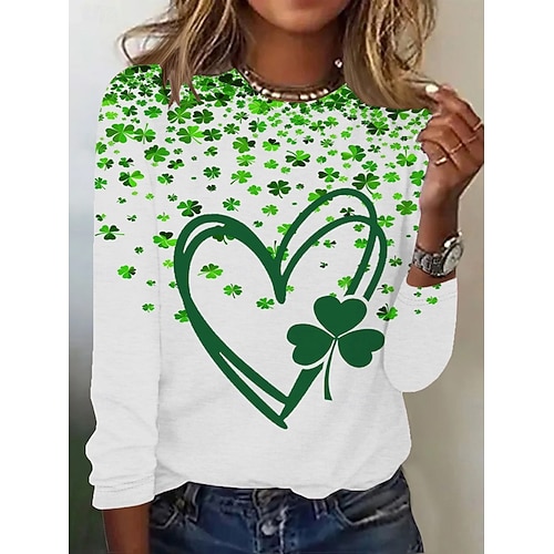  St. Patrick Women's T Shirt Graphic Shamrock Fashion Stylish Classic Long Sleeve Crew Neck Round Neck Regular Tops Daily Weekend Print White Dark Green Green Summer Spring Fall