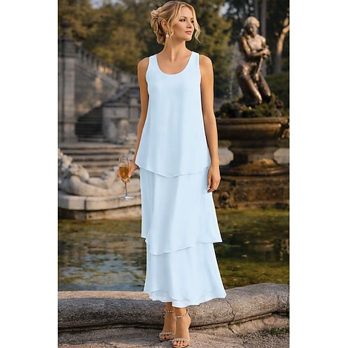 Funda Columna Hasta el Tobillo Vestido Invitada Boda Vestido formal Vestido Escalonado Vestido de Madrina Sin Mangas Escote en Pico Elegante Sencillo Invitado a la boda Semi-formal Gasa con Volante