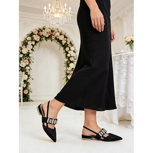 Black Crystal Embellished Pointed Toe Slingback Flats for Bridesmaids   Elegant Satin Low Heel Wedding, Evening & Formal Dress Shoes for Women 2026  - $64.99