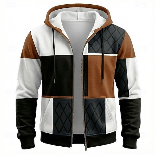  miesten vetoketjullinen huppari geometrinen kuviollinen tilkkutäkki hupullinen collegepaita ruskea musta rento takki vaatteet s m l xl xxl xxxl