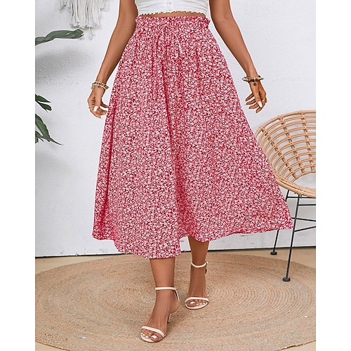  Damskie Moda Codzienny Midi Średni stan Spódnice Kwiatowy Z marszczeniami Ściągana na sznurek Średnio elastyczny Codzienny Ulica Żółty Czerwony Zielony Lato Spandeks Poliester