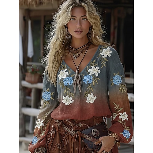  Womens חולצת בוהו בולנסה עם גרפיקה פרחונית ווינטג' אופנתית מידה ארוכה צורת V טופים צהוב ורוד כחול כהה קיץ אביב
