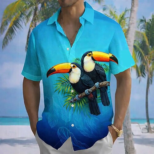 Camicia Tropicale Hawaiana da Uomo Pappagallo Stampato Camicia Tropicale Hawaiana da Uomo Pappagallo Stampato
