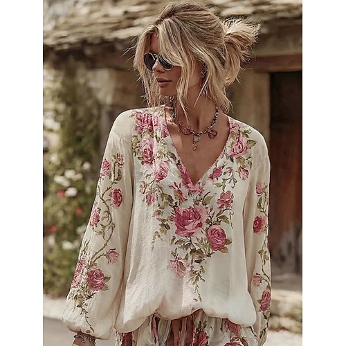  חולצת בוהו לנשים מבד כמו איטום קליל ונושם עם גרפיקה פרחונית אלגנטית בוהמית וינטג' עם שרוול ארוך וצווארון V טופס קבוע יום יומי חופש פיסול כפתורים הדפס כחול לבן ורוד תכלת קיץ