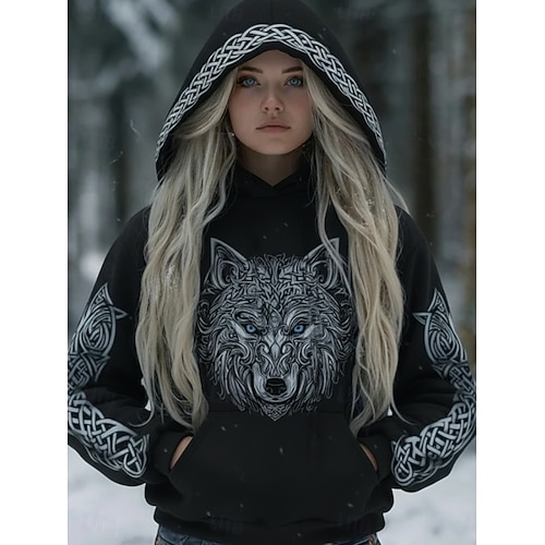 Mujer Sudadera con capucha Pullover Retazos Estampado Bolsillo delantero Graphic Animal Vintage Casual Boho Manga Larga Con Capucha Tops regulares Casual Calle Uso Diario Negro Invierno