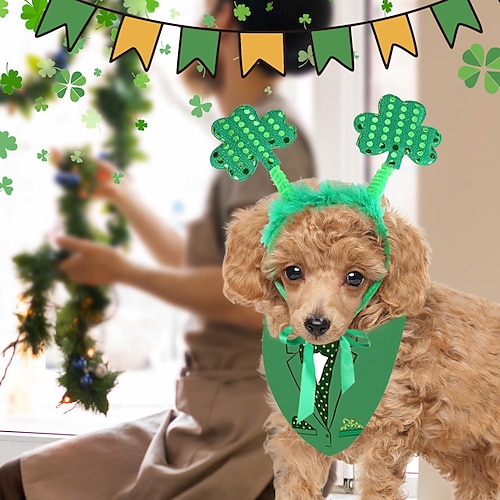  St. Patrick's Day Dog Costume - Green Shamrock Headband and Buffalo Plaid Pet