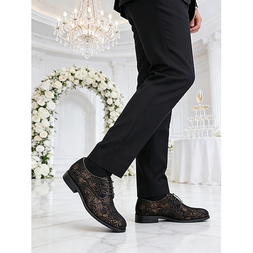 Men's Luxury Leather Wedding Shoes - Black Floral Embroidered Design,  Elegant Formal Shoes for Weddings and Ceremonies 2026 - $109.99