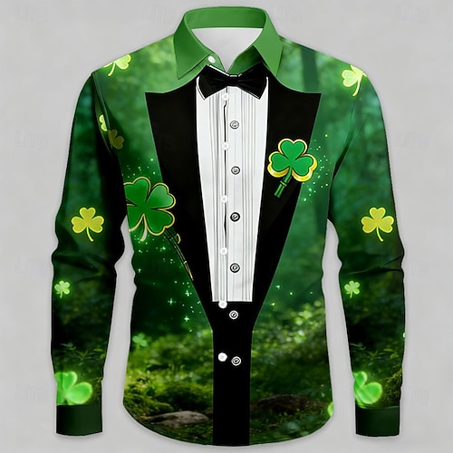  St. Patrick's Day Men's Shamrock Faux Collar and Suit Design Celtic Art Shirt Button Up Shirt Long Sleeve Vintage Retro Party Holiday Spring Fall Turndown 3D Print Collared Shirts Green 1# Light