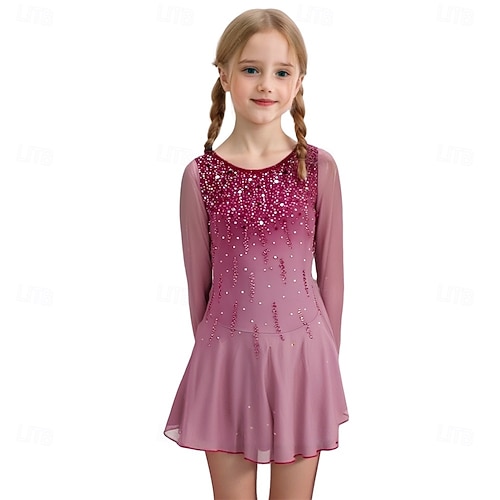 pink ruffle figure skating dress JR696-BP Fleece Skate fabric Vuelta and consists of both mat and net textures Figure skating dress ice skating