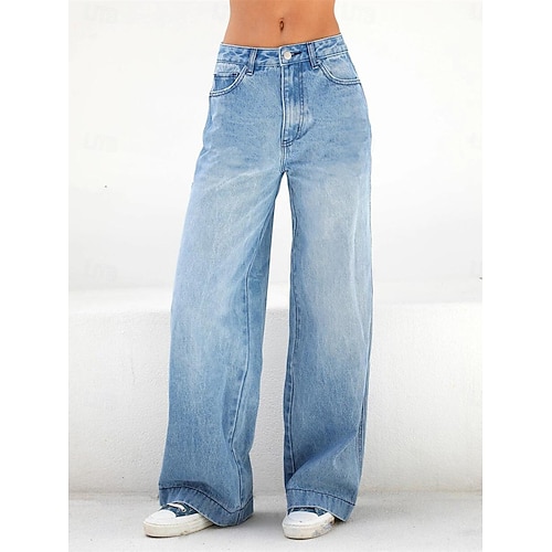 Dam Jeans Brett skaft Mode Streetwear Fullängd Hög midja Slät Ficka Bekväm Mjuk Microelastisk Utomhus Gata Blå Vår & Höst Vår, Höst, Vinter, Sommar Normal