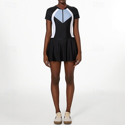 Women's Rash Guard Swim Dress One Pieces Patchwork Zip Up UV Protection  Elastic Short Sleeve Swimwear Swimsuit Surfing Snorkeling Swimming Summer  2026 - $37.99