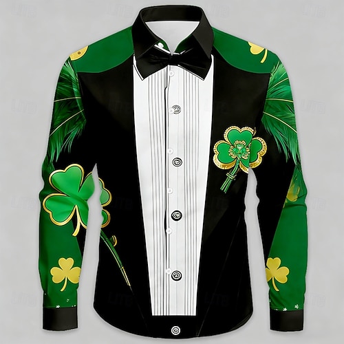 St. Patrick's Day Men's Four Leaf Clover Shamrock Faux Collar and Suit Design Shirt Button Up Shirt Long Sleeve Vintage Retro Party Holiday Spring Fall Turndown 3D Print Collared Shirts Green 1# Green