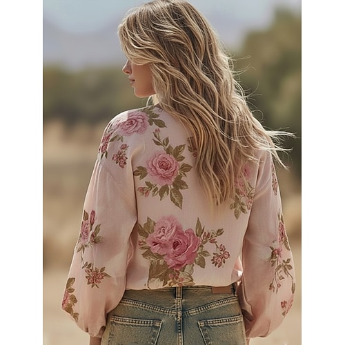  Womens חולצת בוהו בולנסה עם גרפיקה פרחונית ווינטג' אופנתית מידה ארוכה צורת V טופים צהוב ורוד כחול כהה קיץ אביב