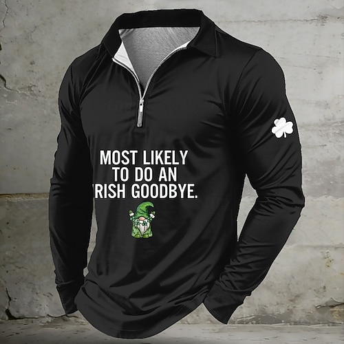  St Patrick's Day Men's Shamrock Leprechaun Zip Polo Shirts Long Sleeve Polo Shirts Lapel Casual Outdoor Festival Outfit 3D Print Spring Fall Black Light Green Dark Green