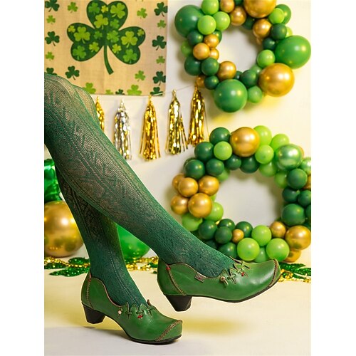  Women's Medieval Viking Style Low Heel Leather Shoes – Retro Green Hand-Stitched Details for Costume, Renaissance Fair, Festivals & Daily Vintage Outfits