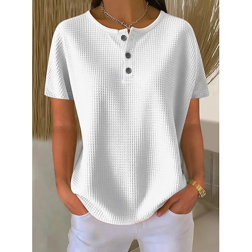 Women's Tunic Plain Stylish Classic Casual Short Sleeve Crew Neck Regular Tops Daily Buttons Black White Yellow Red Orange Summer Spring