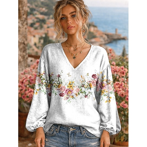  חולצת בוהו לנשים מבד כמו איטום קליל ונושם עם גרפיקה פרחונית אלגנטית בוהמית וינטג' עם שרוול ארוך וצווארון V טופס קבוע יום יומי חופש פיסול כפתורים הדפס כחול לבן ורוד תכלת קיץ