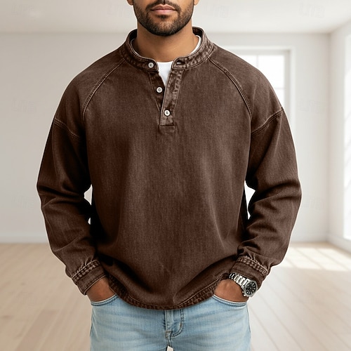Maglietta da uomo a maniche lunghe, senza colletto, Henley, in cotone, polo da golf, Blu, L