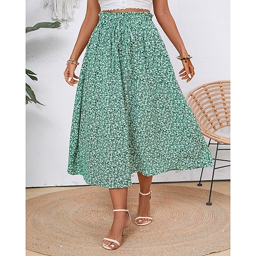  Damskie Moda Codzienny Midi Średni stan Spódnice Kwiatowy Z marszczeniami Ściągana na sznurek Średnio elastyczny Codzienny Ulica Żółty Czerwony Zielony Lato Spandeks Poliester