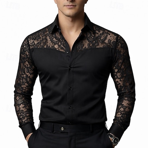 Men's Shirt Dress Shirt Button Up Shirt Prom Shirt Solid Color Prom Wedding  Black Long Sleeve Turndown All Seasons Clothing Apparel Lace 2026 - $29.99