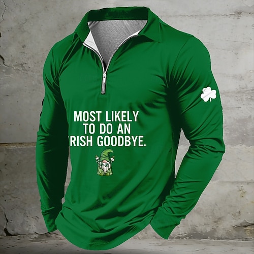  St Patrick's Day Men's Shamrock Leprechaun Zip Polo Shirts Long Sleeve Polo Shirts Lapel Casual Outdoor Festival Outfit 3D Print Spring Fall Black Light Green Dark Green