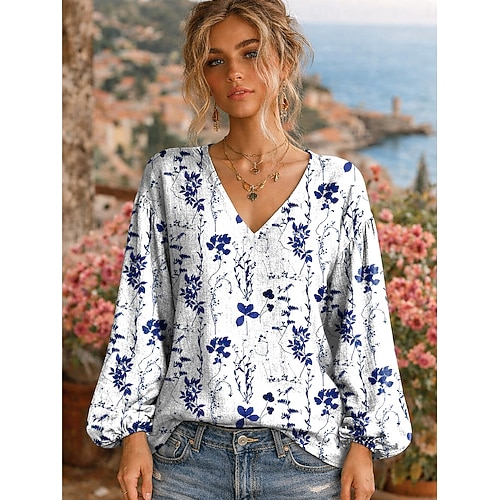  חולצת בוהו לנשים מבד כמו איטום קליל ונושם עם גרפיקה פרחונית אלגנטית בוהמית וינטג' עם שרוול ארוך וצווארון V טופס קבוע יום יומי חופש פיסול כפתורים הדפס כחול לבן ורוד תכלת קיץ
